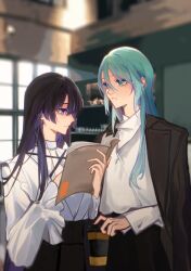 2girls absurdres aqua_hair bang_dream! black_hair black_pants blurry blurry_background brown_coat coat coat_on_shoulders commentary cup green_eyes hair_between_eyes highres hikawa_sayo holding holding_cup indoors kawa_(trash0kawa) long_hair long_hair_between_eyes long_sleeves multiple_girls open_mouth pants purple_eyes shirokane_rinko shirt shirt_tucked_in symbol-only_commentary white_shirt