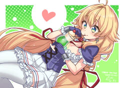 Rule 34 | 1girl, ahoge, azur lane, blonde hair, breasts, cross, cross earrings, drinking straw, drinking straw in mouth, earrings, english text, frilled gloves, frilled thighhighs, frills, garter straps, gloves, green background, green eyes, heart, heebee, jewelry, le temeraire (azur lane), long hair, medium breasts, miniskirt, pleated skirt, purple gloves, shirt, short sleeves, skirt, solo, spoken heart, thighhighs, twintails, very long hair, white garter straps, white shirt, white thighhighs