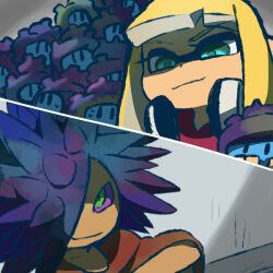 1boy 1girl against_wall blonde_hair blue_eyes blunt_bangs character_request closed_mouth colored_sclera creature dark-skinned_male dark_skin eyelashes green_eyes hair_over_one_eye holding holding_creature hood hood_down hoodie inkling_girl inkling_player_character long_hair long_sleeves nintendo orange_shirt purple_hair purple_sclera red_hoodie shaded_face shirt sleeves_past_elbows smirk spiked_hair splatoon_(series) tentacle_hair ukata upper_body white_headphones