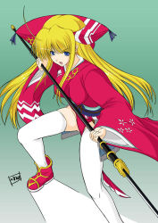 Rule 34 | ahoge, angry, blonde hair, blue eyes, japanese clothes, kimono, long hair, n820, open mouth, polearm, rance5d, rance (series), rizna lanfebit, rizuna, sengoku rance, solo, thighhighs, weapon, white thighhighs