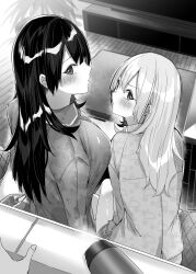 Rule 34 | 1other, 2girls, :t, absurdres, blush, breasts, character request, closed mouth, commentary request, couch, fingernails, furrowed brow, greyscale, head tilt, highres, hitotsuba kaede, kakao (chocolate land), large breasts, long hair, looking at viewer, looking back, monochrome, multiple girls, novel illustration, official art, on couch, out of frame, parted lips, plant, potted plant, pout, ryoushin no shakkin, second-party source, shiny skin, sitting, television, wooden floor