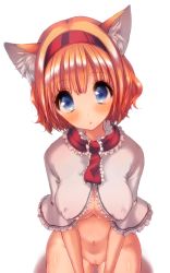 Rule 34 | 1girl, :o, alice margatroid, animal ears, bad id, bad pixiv id, blonde hair, blue eyes, blush, bottomless, breasts, capelet, cat ears, cat girl, cream (nipakupa), female focus, hairband, highres, kemonomimi mode, large breasts, looking at viewer, navel, pussy, short hair, simple background, solo, touhou, uncensored, white background