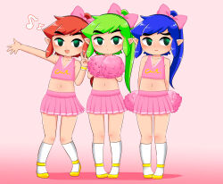 Rule 34 | 3boys, :d, absurdres, arms behind back, blue hair, blush, bow, cheerleader, cheerleader link, collarbone, crop top, crossdressing, full body, green eyes, green hair, hair bow, highres, holding, holding pom poms, kneehighs, link, long hair, looking at viewer, male focus, midriff, multiple boys, musical note, navel, nintendo, official alternate costume, open mouth, papapaimon, pink background, pink bow, pink skirt, pleated skirt, pointy ears, pom pom (cheerleading), pom poms, ponytail, red hair, sidelocks, sideways glance, skirt, sleeveless, smile, socks, standing, stomach, teeth, the legend of zelda, the legend of zelda: tri force heroes, toon link, trap, upper teeth only, v-neck, wristband, yellow footwear