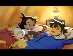 Rule 34 | 2boys, antenna hair, arms behind head, ash ketchum, black hair, blue eyes, blush, brown eyes, commentary request, creatures (company), game freak, gen 1 pokemon, gen 8 pokemon, goh (pokemon), hair ornament, head on pillow, lantern, letterboxed, looking at another, lying, male focus, matsuno opa, multiple boys, nintendo, on back, on stomach, open mouth, pikachu, pillow, pokemon, pokemon (anime), pokemon (creature), pokemon journeys, scorbunny, sleeping bag, smile, teeth, tent interior, tongue