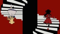 Rule 34 | animated, animated gif, blonde hair, dress, emilico (shadows house), full body, highres, kate (shadows house), long hair, looping animation, red background, red dress, red footwear, scene reference, shadow (shadows house), shadows house, silhouette, stairs, two side up, uena