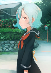Rule 34 | 1girl, aqua hair, architecture, blush, bush, cloud, day, east asian architecture, flower, house, inami hatoko, light smile, long sleeves, looking at viewer, looking to the side, original, outdoors, profile, red eyes, road, school uniform, serafuku, short hair, sky, solo, street, traffic mirror, tree, upper body