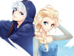 Rule 34 | 1boy, 1girl, bad id, bad pixiv id, bare shoulders, blonde hair, blue eyes, braid, crossover, dress, elsa (frozen), frozen (disney), hood, hoodie, jack frost (rise of the guardians), lips, long hair, makeup, mery (yangmalgage), power connection, rise of the guardians, sequins, single braid, smile, staff, white hair