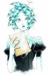 Rule 34 | 1other, androgynous, aqua eyes, aqua hair, clipboard, colored eyelashes, colored skin, crystal hair, gem uniform (houseki no kuni), glowing, glowing hair, highres, houseki no kuni, looking at viewer, musupon houseki, open mouth, phosphophyllite, short hair, solo, sparkle, traditional media, upper body, white background, white skin