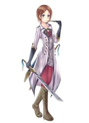 Rule 34 | 1girl, atelier (series), atelier meruru, bad id, bad pixiv id, black gloves, blue eyes, boots, brown hair, coat, cross-laced footwear, dagger, dual wielding, esty erhard, female focus, full body, gloves, gust, hair ornament, hairpin, holding, holding dagger, holding knife, holding weapon, jewelry, kino (kino buro), knee boots, knife, lace-up boots, pantyhose, pendant, red pantyhose, short hair, smile, solo, sword, weapon