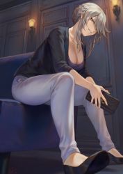 Rule 34 | 1girl, artoria pendragon (fate), artoria pendragon (lancer alter) (fate), bag, black footwear, black jacket, braid, breasts, cleavage, couch, fate/grand order, fate (series), french braid, grey hair, grey pants, hair bun, handbag, highres, indoors, jacket, jewelry, large breasts, leaning forward, long hair, long sleeves, looking at viewer, mashuu (neko no oyashiro), necklace, no socks, open clothes, open jacket, pants, parted lips, purple shirt, shirt, shoes, sidelocks, signature, single hair bun, sitting, sitting sideways, slit pupils, smile, solo, teeth, wall lamp, wallet, yellow eyes