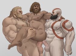 Rule 34 | 3boys, abs, anal, armpits, bald, bara, beard, biceps, blonde hair, brown hair, carrying, chest tattoo, completely nude, dark-skinned male, dark skin, double penetration, erection, facial hair, god of war, greek mythology, group sex, highres, kratos (god of war), large pectorals, magni (god of war), male focus, male penetrated, male pubic hair, mature male, mmm threesome, modi (god of war), multiple boys, muscular, muscular male, mustache, navel, nipples, nude, pale skin, pectorals, penis, pubic hair, sex, short hair, smirk, stomach, tattoo, tevit (tevit15), thick thighs, thighs, threesome, uncensored, yaoi