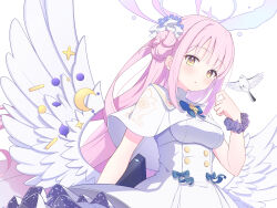 Rule 34 | 1girl, absurdres, angel wings, animal, bird, blue archive, breasts, crescent, crescent pin, feathered wings, flower, hair bun, hair flower, hair ornament, halo, highres, long hair, looking at viewer, medium breasts, mika (blue archive), parted lips, pink hair, pink halo, purple flower, purple scrunchie, scrunchie, seek arrow, simple background, single side bun, solo, white background, white bird, white wings, wings, wrist scrunchie, yellow eyes