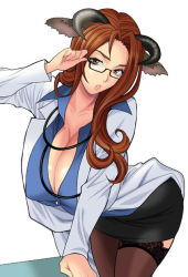 Rule 34 | 1girl, animal ears, breasts, brown eyes, brown hair, brown thighhighs, cleavage, glasses, horns, huge breasts, lab coat, lace, lace-trimmed legwear, lace trim, long hair, original, parted lips, pencil skirt, skirt, solo, stethoscope, thighhighs, thighs, yukiyanagi