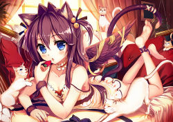 Rule 34 | 1girl, akabane (zebrasmise), animal ears, anklet, barefoot, blue eyes, blush, brown hair, cat, cat ears, cat tail, couch, dress, feet, food, fruit, hair ornament, jewelry, long hair, looking at viewer, lying, on stomach, open mouth, original, revision, soles, solo, strawberry, tail, toes, wings, wristband
