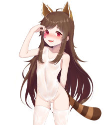 Rule 34 | 1girl, :d, animal ears, arm behind back, arm up, bad id, bad pixiv id, bare arms, bare shoulders, blush, brown hair, cameltoe, casual one-piece swimsuit, collarbone, condom, fang, fingernails, groin, highleg, highleg swimsuit, highres, holding, holding condom, kuki panda (wkdwnsgk13), long hair, looking at viewer, nose blush, one-piece swimsuit, open mouth, pussy juice, red eyes, sidelocks, simple background, smile, solo, soulworker, stella unibell, striped tail, swimsuit, tail, thighhighs, used condom, very long hair, white background, white one-piece swimsuit, white thighhighs