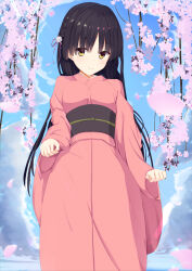 Rule 34 | 1girl, arms at sides, black hair, blue sky, blush, braid, breasts, cafe stella to shinigami no chou, cherry blossoms, clenched hands, closed mouth, cloud, commentary request, day, eyes visible through hair, flower, from below, hair between eyes, hair ribbon, highres, japanese clothes, kimono, light rays, long hair, long sleeves, looking at viewer, medium breasts, mole, mole under eye, okaeru, outdoors, pink flower, pink kimono, pink ribbon, ribbon, rose, shiki natsume, shy, side braid, sky, smile, solo, very long hair, white flower, white rose, wide sleeves, yellow eyes, yukata