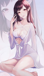 Rule 34 | 1girl, absurdres, arm behind back, bare legs, bra, breasts, cleavage, collarbone, feet out of frame, hand in own hair, hand on back, highres, legs, lips, long hair, looking at viewer, medium breasts, nightgown, open mouth, original, purple eyes, purple hair, robe, sitting, solo, swallow zzy, underwear, white background, white bra, white nightgown, white robe