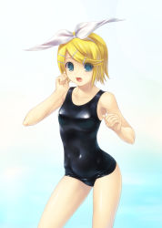 Rule 34 | 1girl, blonde hair, blue eyes, highres, kagamine rin, one-piece swimsuit, school swimsuit, shiny clothes, short hair, solo, swimsuit, vocaloid, wacchi