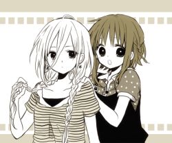 Rule 34 | 2girls, :o, anzu (o6v6o), braid, collarbone, collared shirt, earrings, expressionless, gumi, hair between eyes, hands on another&#039;s shoulders, holding, holding own hair, ia (vocaloid), jewelry, long hair, looking at viewer, monochrome, multiple girls, polka dot, polka dot shirt, sepia, shirt, short hair with long locks, short sleeves, side braid, striped clothes, striped shirt, twin braids, upper body, vocaloid