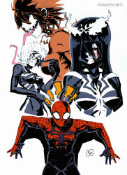Rule 34 | 1boy, 3girls, absurdres, animification, artist name, black hair, black skin, breasts, carnage (marvel), colored skin, commentary, deviantart, english commentary, genderswap, genderswap (mtf), hair between eyes, hair ribbon, highres, humanization, long hair, long tongue, looking at viewer, marvel, monster girl, multiple girls, pale skin, personification, peter parker, red hair, red skin, ribbon, sharp teeth, short hair, simple background, smile, somersaultdropkick, spider-man (series), symbiote, symbol, teeth, tongue, tongue out, venom (marvel), watermark, web address, white background, white hair, yandere