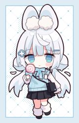 Rule 34 | 1girl, :&lt;, animal ear fluff, animal ears, bag, black footwear, black skirt, blue bow, blue eyes, blush stickers, bow, candy, chibi, closed mouth, commentary request, food, full body, grey hair, hair ornament, hairclip, highres, holding, holding candy, holding food, holding lollipop, lollipop, long hair, long sleeves, loose socks, low twintails, nakkar, original, plaid, plaid bow, pleated skirt, puffy long sleeves, puffy sleeves, shirt, shoes, shoulder bag, skirt, sleeves past wrists, socks, solo, standing, standing on one leg, star (symbol), star in eye, sweater vest, swirl lollipop, symbol in eye, twintails, twitter username, very long hair, watermark, white shirt, white socks