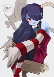 Rule 34 | 1girl, absurdres, birthday, blue hair, blue skin, blush, bouquet, colored skin, detached collar, detached sleeves, dress, flower, hair over one eye, highres, knees to chest, leviathan (skullgirls), long sleeves, looking at viewer, open mouth, side ponytail, sitting, skeletal arm, skullgirls, smile, solo, speech bubble, squigly (skullgirls), stitched mouth, stitches, striped sleeves, suitti