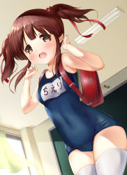 Rule 34 | 1girl, backpack, bag, bare arms, bare shoulders, blue one-piece swimsuit, blush, brown eyes, brown hair, ceiling light, classroom, commentary request, cowboy shot, curtains, day, hair ribbon, hands up, highres, idolmaster, idolmaster cinderella girls, indoors, kuroba aki, long hair, name tag, navel, ogata chieri, old school swimsuit, one-piece swimsuit, randoseru, red ribbon, ribbon, school swimsuit, sidelocks, solo, standing, sunlight, swimsuit, thighhighs, twintails, white thighhighs, window