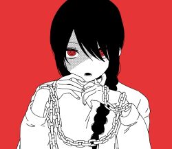 Rule 34 | 1girl, black hair, braid, braided ponytail, chain, chainsaw man, hair over one eye, hair over shoulder, highres, looking at viewer, medium hair, monochrome, nayuta (chainsaw man), open mouth, red background, red eyes, red theme, relen, ringed eyes, simple background, solo, sweater