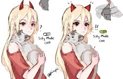 Rule 34 | !, !!, 1girl, :&lt;, ?, afterimage, animal, animal ears, blonde hair, cat, cat ears, chainsaw man, commentary, crosshair pupils, dangling, dilated pupils, english commentary, english text, frown, hair between eyes, highres, holding, holding animal, holding cat, horns, long hair, meowy (chainsaw man), motion lines, off shoulder, piro (piropoi), power (chainsaw man), red eyes, smile, toy mouse, twitter username
