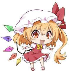 Rule 34 | 1girl, alternate eye color, alternate hair color, arms up, blush, bow, bowtie, brown eyes, chibi, collared shirt, crystal, eyes visible through hair, fang, flandre scarlet, full body, futa (nabezoko), hair between eyes, hands up, hat, hat bow, jewelry, looking at viewer, mob cap, multicolored wings, open mouth, orange hair, ponytail, puffy short sleeves, puffy sleeves, red bow, red footwear, red skirt, red vest, shirt, shoes, short hair, short sleeves, side ponytail, simple background, skirt, smile, socks, solo, standing, touhou, vest, white background, white hat, white shirt, white socks, wings, wrist cuffs, yellow bow, yellow bowtie
