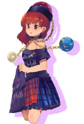 Rule 34 | 1girl, asymmetrical hair, bare shoulders, breasts, cleavage, clothes writing, hecatia lapislazuli, highres, miniskirt, multicolored clothes, multicolored skirt, off-shoulder shirt, off shoulder, petticoat, red eyes, red hair, shirt, short sleeves, shukinuko, skirt, solo, t-shirt, touhou