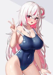 Rule 34 | 1girl, absurdres, blue one-piece swimsuit, blush, braid, breasts, cleavage, competition swimsuit, covered navel, dishui tangni, dripping, hair ornament, highres, large breasts, light blush, mingyin meion (vtuber), mole, mole under eye, multicolored hair, navel, one-piece swimsuit, one side up, open mouth, original, pink eyes, pink hair, single hair ring, solo, strap slip, sweat, sweatdrop, swimsuit, thick thighs, thighs, tongue, two-tone hair, v, virtual youtuber, water, water drop, wet, wet clothes, wet swimsuit, white background, white hair