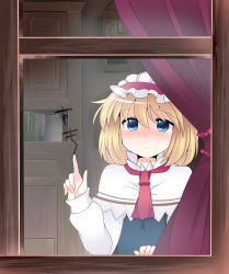 Rule 34 | 1girl, alice margatroid, blonde hair, blue dress, blue eyes, blush, book, cape, capelet, clock, commentary request, curtains, dress, glass writing, hairband, hammer (sunset beach), lolita hairband, long sleeves, looking at viewer, looking outside, necktie, shirt, short hair, solo, touhou, translated, window, writing
