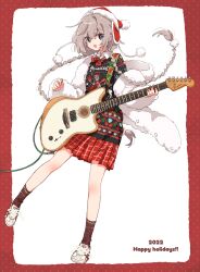 Rule 34 | 1girl, 2022, black sweater, blue eyes, bow, braid, bright pupils, christmas, christmas sweater, coat, collared shirt, commentary, dress, electric guitar, full body, fur coat, grey hair, guitar, happy holidays, hat, highres, holding, holding instrument, hood, hooded coat, instrument, long hair, looking at viewer, low twin braids, low twintails, matsuda hikari, miniskirt, off shoulder, open clothes, open coat, open mouth, original, plaid, plaid dress, plaid skirt, pleated skirt, red bow, red hat, red skirt, red socks, santa hat, shirt, shoes, skirt, smile, sneakers, socks, solo, standing, standing on one leg, sweater, twin braids, twintails, white coat, white footwear, white pupils, wing collar
