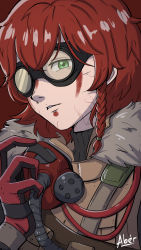 Rule 34 | 1other, aber, androgynous, animification, apex legends, artist name, black sweater, bloodhound (apex legends), braid, brown jacket, cable, facepaint, goggles, green eyes, head tilt, highres, holding, holding mask, jacket, looking at viewer, mask, one eye covered, parted lips, rebreather, ribbed sweater, scar, side braid, solo, sweater