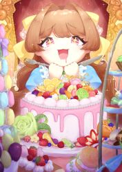 Rule 34 | + +, 1girl, absurdres, blue dress, brown hair, cake, dress, drooling, flower, food, fork, fruit, glint, grapes, green flower, hair ribbon, highres, holding, holding fork, holding knife, knife, lemon, lemon slice, long hair, macaron, mouth drool, open mouth, orange (fruit), orange background, orange slice, original, pink eyes, pink flower, ribbon, rumu, shelf, smile, solo, strawberry, strawberry slice, throne, yellow ribbon