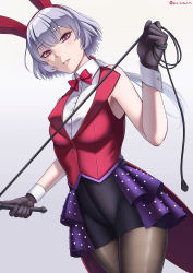 Rule 34 | 1girl, animal ears, black gloves, black thighhighs, breasts, eyebrows hidden by hair, fake animal ears, gloves, grey hair, hair between eyes, highres, holding, holding whip, kutsuda miru, leotard, looking at viewer, open mouth, original, pantyhose, playboy bunny, rabbit ears, red eyes, shirt, skirt, sleeveless, smile, solo, thighhighs, thighs, whip, wrist cuffs