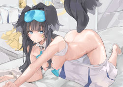 Rule 34 | 1girl, all fours, animal ears, ass, bare shoulders, black hair, blue archive, blue eyes, blush, breasts, breasts out, cheerleader, crop top, dema hmw, dog ears, dog girl, dog tail, eyewear on head, goggles, goggles on head, halo, hanging breasts, hibiki (blue archive), hibiki (cheer squad) (blue archive), long hair, looking at viewer, millennium cheerleader outfit (blue archive), nipples, official alternate costume, pom pom (cheerleading), skirt, solo, tail, undressing, white skirt