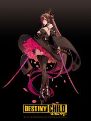 Rule 34 | 1girl, absurdly long hair, bare shoulders, black dress, bow, breasts, copyright name, destiny child, detached sleeves, dress, earrings, eve (destiny child), flower, flower eyepatch, hair bow, hair ornament, highres, holding, holding weapon, jewelry, korean text, large breasts, lightning, logo, long hair, official art, palette swap, ponytail, red flower, red rose, rose, sheath, solo, thighhighs, very long hair, weapon, zig90
