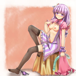 Rule 34 | 1girl, black thighhighs, blush, breasts, capelet, crescent, crescent hair ornament, dildo, double dildo, feet, female focus, hair in own mouth, hair ornament, highres, long hair, nipples, no headwear, no headwear, open clothes, panties, panties around leg, patchouli knowledge, purple eyes, purple hair, sex toy, sitting, smile, solo, sumtj, thighhighs, touhou, underwear