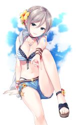Rule 34 | 1girl, arm support, arm tattoo, bikini, bikini top only, bikini under clothes, black eyes, braid, breasts, cleavage, closed mouth, collarbone, commentary request, cowboy shot, day, earrings, flower, front-tie top, hair between eyes, hair flower, hair ornament, head tilt, highres, idolmaster, idolmaster cinderella girls, idolmaster cinderella girls starlight stage, jewelry, looking at viewer, medium breasts, necklace, shiomi syuko, short hair, short shorts, shorts, silltare, sitting, smile, solo, striped bikini, striped clothes, swimsuit, swimsuit under clothes, tassel, tassel earrings, tattoo