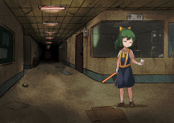 Rule 34 | 1girl, abandoned, absurdres, ascot, battery indicator, blue skirt, blue vest, bow, brown footwear, ceiling light, closed eyes, closed mouth, commentary request, cookie (touhou), daiyousei, diyusi (cookie), door, full body, green hair, hair bow, hallway, hide (acceed), high-visibility vest, highres, holding, horror (theme), hospital, indoors, manatsu no yo no inmu, medium hair, pinky (inmu), ponytail, shirt, shoes, short sleeves, skirt, socks, standing, touhou, traffic baton, tsugumi amon, vest, white shirt, white socks, yellow ascot, yellow bow