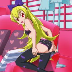 Rule 34 | 1girl, animal print, ass, bad id, bad pixiv id, bat print, blonde hair, bow, bra, clothes pull, couch, dokidoki! precure, hair bow, highres, long hair, looking back, mont blanc (heartcatch ayaya), panties, pantyhose, pantyhose pull, patterned legwear, pillow, polka dot, polka dot panties, precure, print pantyhose, red eyes, regina (dokidoki! precure), revision, smile, solo, underwear, underwear only, undressing