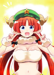 Rule 34 | 1girl, :d, animal costume, blue eyes, breasts, cleavage, curvy, hong meiling, horns, kiku hitomoji, large breasts, long hair, looking at viewer, midriff, navel, open mouth, red hair, sheep costume, sheep horns, smile, solo, standing, touhou, wide hips