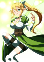 Rule 34 | 10s, 1girl, blonde hair, braid, breasts, choker, corset, green eyes, highres, ka2, large breasts, leafa, long hair, one eye closed, open mouth, pointy ears, ponytail, puffy sleeves, side braid, solo, sword art online, thighhighs, twin braids, very long hair, white thighhighs