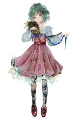 Rule 34 | 1girl, absurdres, blouse, blue ribbon, buttons, commentary, dress, floral print, flower, full body, green eyes, green hair, head tilt, highres, holding, holding flower, kazami yuuka, long sleeves, looking at viewer, multicolored clothes, multicolored legwear, pantyhose, plaid, plaid dress, puffy long sleeves, puffy sleeves, red dress, red eyes, red footwear, red sash, ribbon, sano naoi, sash, shirt, shoes, solo, sunflower, touhou, wavy hair, white background, white flower, white shirt, withered