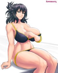 Rule 34 | 1girl, artist name, black bra, black eyes, black hair, black panties, boku no hero academia, bra, breasts, cleavage, collarbone, curvy, highres, huge breasts, long hair, mature female, mole, mole under mouth, panties, shimura nana, sitting, smile, solo, stomach, superbusty, thick thighs, thighs, underwear, white background, wide hips
