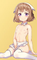 Rule 34 | &gt;:), 1girl, apron, artist name, between legs, blend s, blush, brown hair, closed mouth, collarbone, covering crotch, covering privates, dated, detached collar, flat chest, hand between legs, head scarf, highres, hoshikawa mafuyu, knees together feet apart, looking at viewer, miyabi (w42949), naked apron, navel, nipples, purple eyes, short hair, silhouette, sitting, solo, thighhighs, topless, v-shaped eyebrows, waitress, white apron, white thighhighs, yellow background
