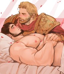 Rule 34 | 2boys, armor, bara, beard, blonde hair, blush, brown hair, cosplay, couple, dopey (dopq), facial hair, from side, highres, holding hands, large pectorals, lying, male focus, manly, mature male, medium hair, multiple boys, muscular, muscular male, navel hair, nipples, nude, on back, original, pauldrons, pectorals, petals, pillow, prince, short hair, shoulder armor, sleeping, sleeping beauty, sleeping beauty (character), sleeping beauty (character) (cosplay), valentine, yaoi