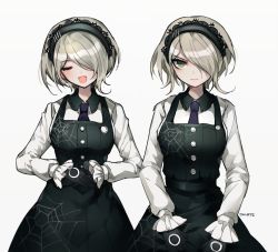 Rule 34 | 1girl, :d, black dress, black gloves, blonde hair, breasts, clenched hands, closed eyes, closed mouth, collared shirt, commentary request, cowboy shot, dalrye v3, danganronpa (series), danganronpa v3: killing harmony, dress, facing viewer, frills, gloves, green eyes, grey background, hair over one eye, hairband, large breasts, long sleeves, looking at viewer, maid headdress, multiple views, necktie, open mouth, pinafore dress, shirt, short hair, simple background, sleeveless dress, smile, spider web print, tojo kirumi, twitter username